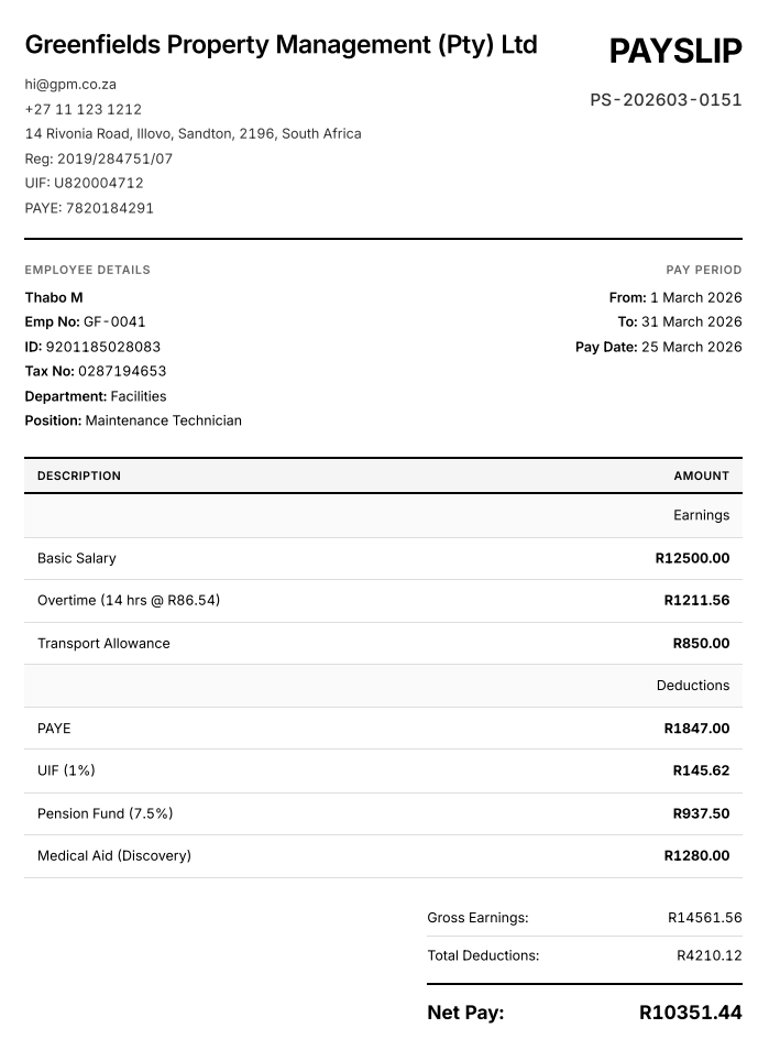 Example wabill payslip PDF showing employee details, earnings breakdown, deductions, and net pay