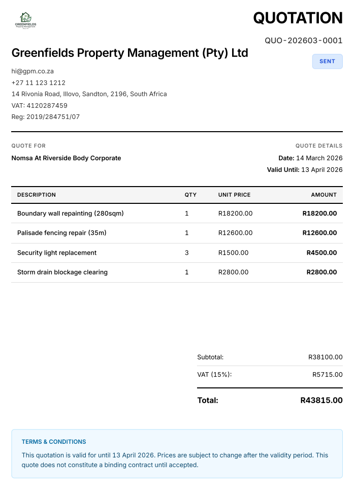 Example wabill quote PDF showing business details, line items, VAT breakdown, and terms
