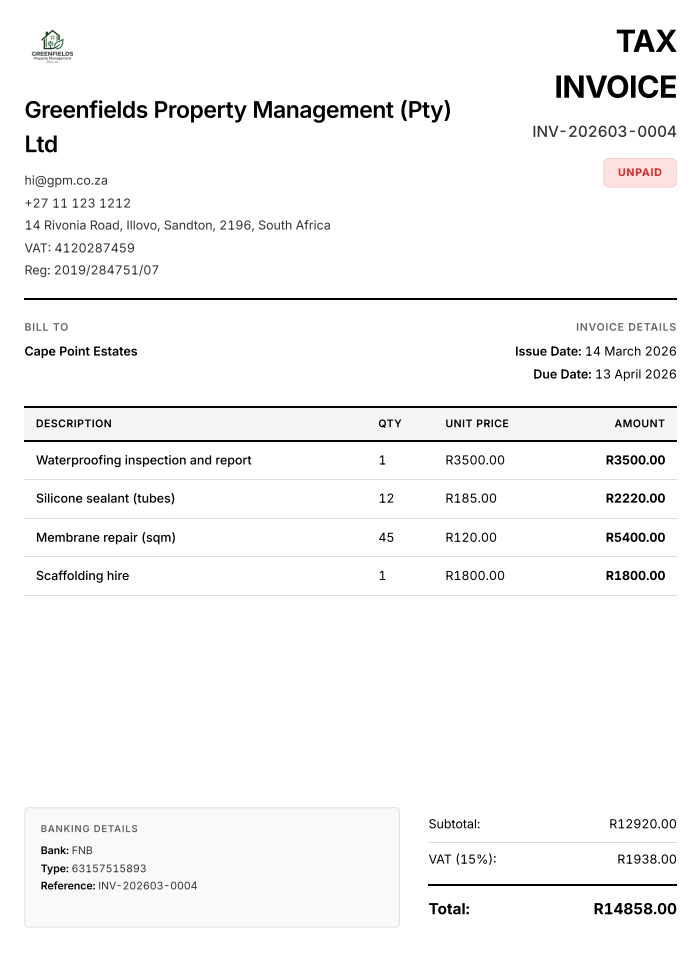 Example tax invoice PDF showing VAT number, line items, VAT at 15%, and total